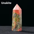 Polished hexagonal Unakite crystal point with natural green and pink mottled texture - Unakite / Single Point 7-8cm