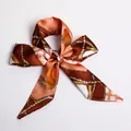 Polished orange and coffee twilly silk scarf featuring chain patterns and white polka dots - S09-Orange Chain Polka Dot