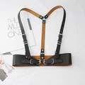 Punk style black leather harness belt with silver buckles on white background - Black