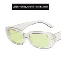 Retro square sunglasses with a transparent white frame and light green lenses - Transparent White Green Lens
