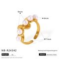 Gold stainless steel wave ring featuring five white pearls in an open adjustable design - Wave Multi-Pearl Style (NB-R24342)