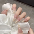 Detail of nude press-on nails with pearls and silver lines on white silk fabric - By1676 Jade Bead Necklace / Phototherapy Glue Style