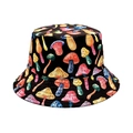 Black bucket hat featuring vibrant colorful mushroom patterns for outdoor leisure wear - M (56-58cm) / Multicolor Black Mushroom (37#)