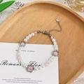 Pink bead and white pearl bracelet with silver floral charm on wooden tray decoration - Flower Artificial Pearl Bracelet (S0773A) / Cream