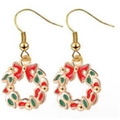 Close-up of festive Christmas wreath drop earrings with red and green enamel on gold metal - Christmas Wreath