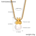 Detailed view of squirrel pendant with white pearl and titanium steel snake chain - Gold Necklace