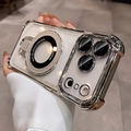 Silver electroplated magnetic case for iPhone with folding ring stand and clear back - Dark Blue / iPhone 12
