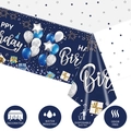 Navy blue Happy Birthday disposable tablecloth with neon balloon pattern and stars decoration - Navy Blue Starry Birthday