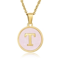 18k gold plated stainless steel necklace with round pink shell and letter T pendant - Gold T (With Chain)