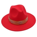 Detail of red wool felt fedora featuring a brown leather band with silver metal studs - M (56-58cm) / Red