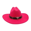Hot pink Western cowboy hat featuring an ethnic woven band and silver steer skull ornament - Rose Red