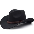 Classico cappello da cowboy in feltro nero con tesa larga e fascia marrone goffrata - M (56-58cm) / Nero