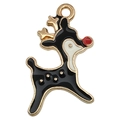 Christmas reindeer pendant in black enamel with gold metal frame for DIY jewelry - Little Deer 14x21mm