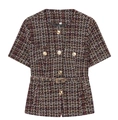 Détail du haut en tweed à manches courtes avec texture dorée et boutons métalliques - XS / Carreaux Camel