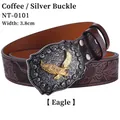 Detail of coffee leather belt with eagle embossed silver buckle and 3.8cm width - Coffee Silver Buckle (Eagle)