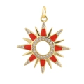 Macro view of 18K gold plated sunburst pendant with red enamel and pavé zircon stones - 13-Radial Red Sun Pendant