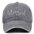Casquette de baseball classique en coton gris avec broderie blessed et croix rouge - Réglable / Gris Lavé