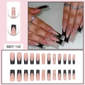 Long nude press-on nails with black French tips, silver glitter butterflies and rhinestones - Nude Black French Tip Butterfly Rhinestone Style (SGCY-162)