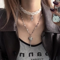 Gothic lace choker with silver cross and layered heart lock pendant necklace - Heart Key Cross Lace Metal Necklace Set