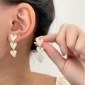 Elegant gold triple heart dangle earrings with white cubic zirconia crystals for women - 14K Gold Pave (5802)