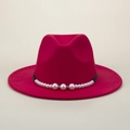 Classico cappello fedora in feltro rosso rosa con fascia di perle e stile jazz britannico - M (56-58cm) / Rosso Lucido