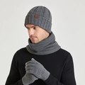 Winter grey ribbed knit set with beanie, neck gaiter and gloves for men and women - Dark Gray
