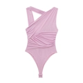 Pink one-shoulder mesh bodysuit with asymmetrical pleated layers on white background - Pink