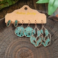 3-piece vintage bohemian earrings set with turquoise patina and bronze leaf charms - Shell Pattern Disc Hollow Leaf Vein Style (HQEF-0067)
