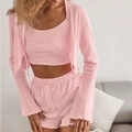 Pink knit 3-piece loungewear set featuring a cardigan, tank top, and heart-pattern shorts - Pink
