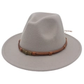 Classic grey wool felt fedora hat with brown leather band and skull metallic ornament - Light Gray