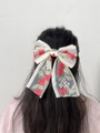 Lace embroidery bow hair clip with red flowers and green leaves on white mesh - Medium - Red Lotus