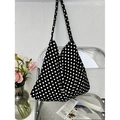 Canvas tote bag in black with white polka dots featuring a wide strap and MISS tag - Black Background White Polka Dot(6#)