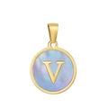 Pendentif en titane plaqué or 18k avec lettre V sur nacre aux reflets irisés - V-Coquille Bleue
