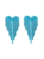 Detail of light blue rhinestone heart earrings with long fringe tassels on white background - Cape Blue