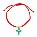 Red braided rope bracelet with turquoise enamel cross pendant and gold beads for women - Turquoise