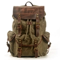Vintage army green waxed canvas backpack with brown leather straps and drawstring closure - Army Green
