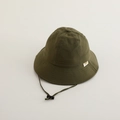 Detail of army green kids sun hat featuring an adjustable black drawstring and woven label - 50cm (1-3 Years) / Army Green