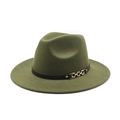 Detail of dark green wide brim fedora hat with black leather strap and gold chain buckle - M (56-58cm) / Army Green