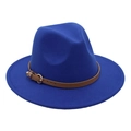 Detail of royal blue wool fedora hat featuring a brown leather band and gold buckle - M (56-58cm) / Royal Blue (Heart Buckle Belt)