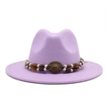 Detail of lavender wool felt fedora with bohemian beaded band and vintage metal ornament - Taro Purple