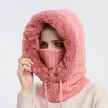 Winter pink knitted balaclava hood with plush faux fur trim and adjustable drawstrings - Leather Red