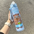 Cute light blue Capybara straw water bottle with portable strap and cartoon design - Solid Blue (New)