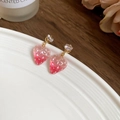 Detail of pink resin strawberry earrings with sparkling zircon and gold metal accents - Strawberry Shaped Style (83) / Gradient Pink