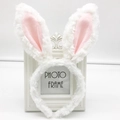 Cute white and pink plush rabbit ears headband displayed on a minimalist photo frame - White Plush Rabbit Ears