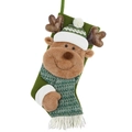 Chaussette de Noël en tricot vert avec un renne en peluche 3D portant bonnet et écharpe - Vert clair