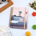 Pink A6 spiral notebook with home illustration, gold coil and elastic closure band - Home Life - Pink