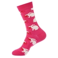 Pink cotton crew sock featuring white rabbit patterns with red creative bloody accents - 946