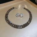 Elegant silver square jewelry set featuring champagne crystals with necklace and stud earrings - Black and Yellow