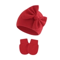 Detail of red baby knitted hat with big bow and matching anti-scratch mittens set - Red