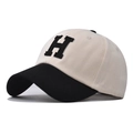 Contrast wash cotton baseball cap with H embroidery and stylish curved brim design - H Patchwork Beige